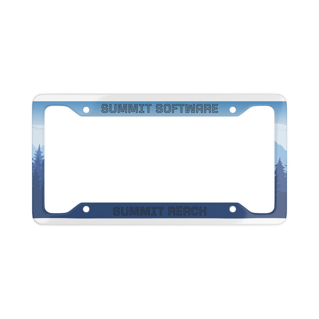 Summit Reach Mountain License Plate Frame — "Summit Software" Blue Scenic Frame