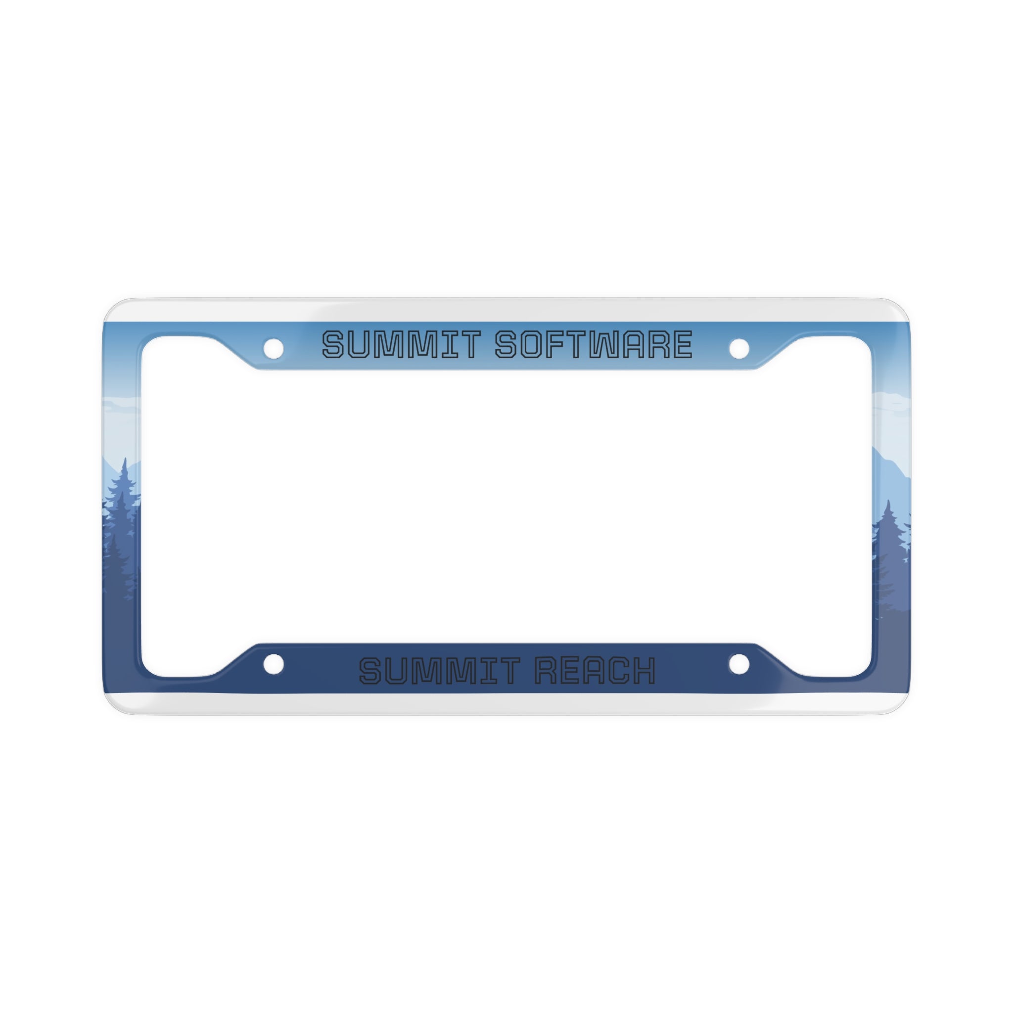 Summit Reach Mountain License Plate Frame — "Summit Software" Blue Scenic Frame
